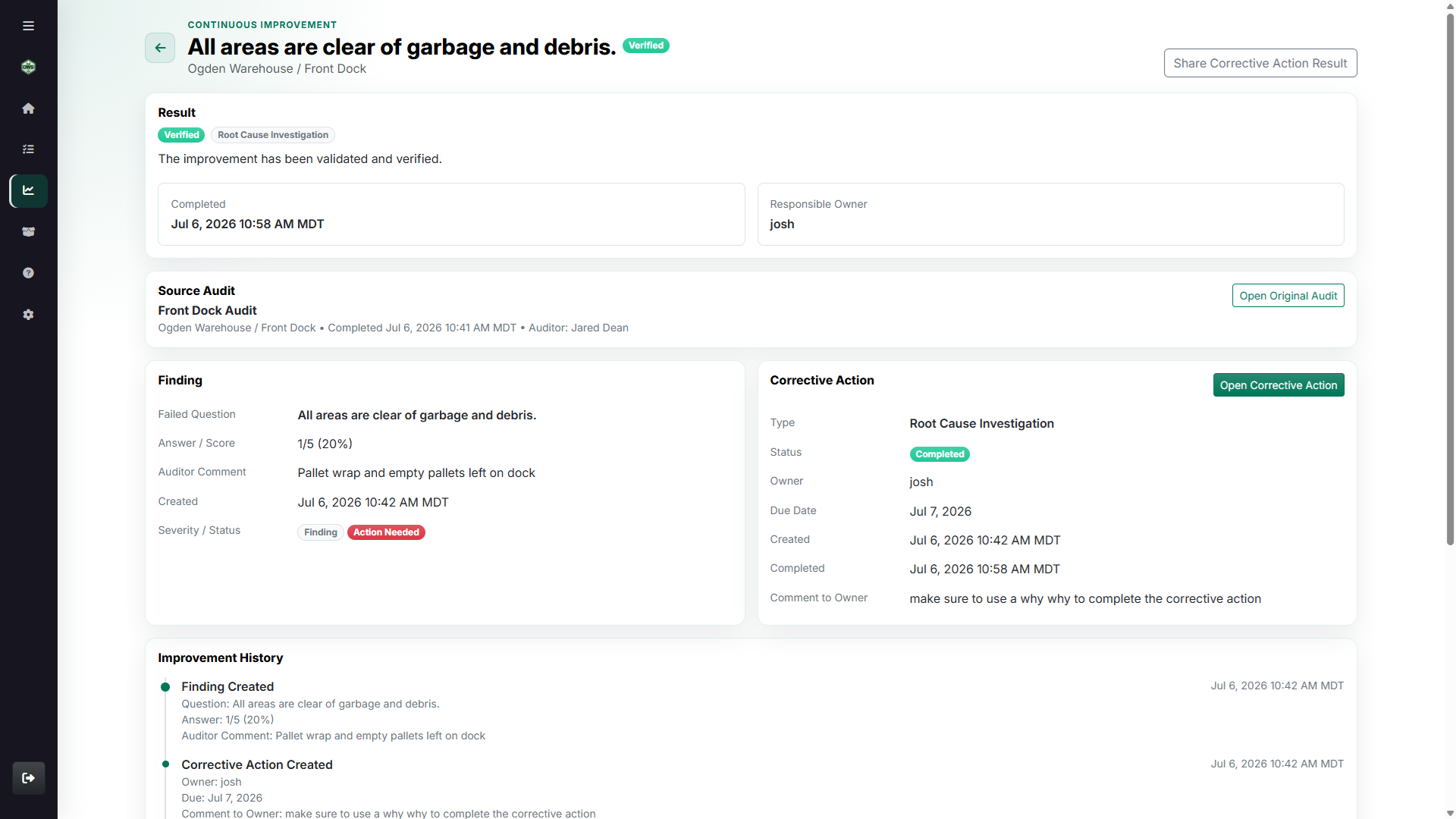 Corrective action result page showing source audit, finding, corrective action, and improvement history