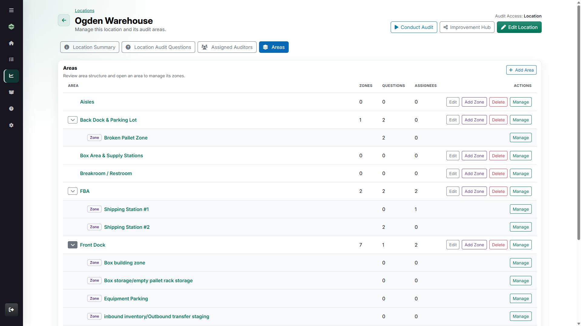 Continuous Improvement audit target dropdown showing locations, areas, and zones