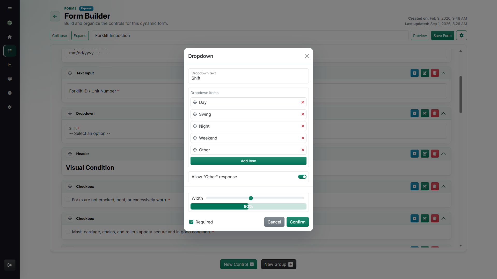 Dropdown control properties showing items, required status, and width settings