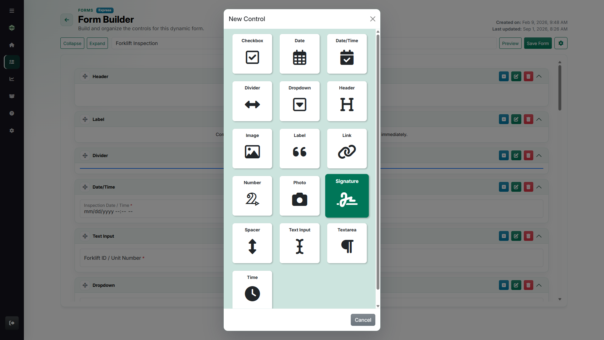 Forms control picker showing available form controls