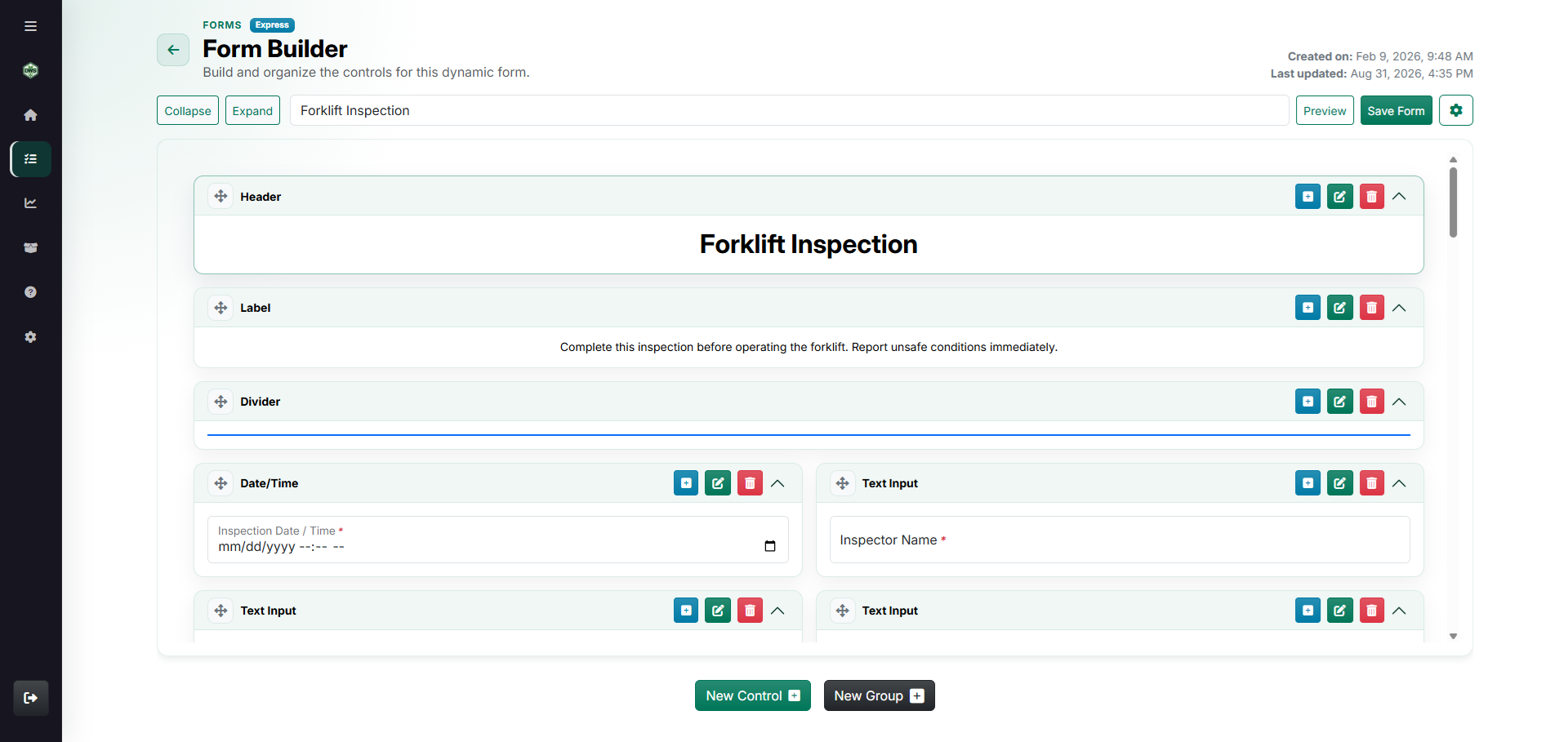 Forms product screen