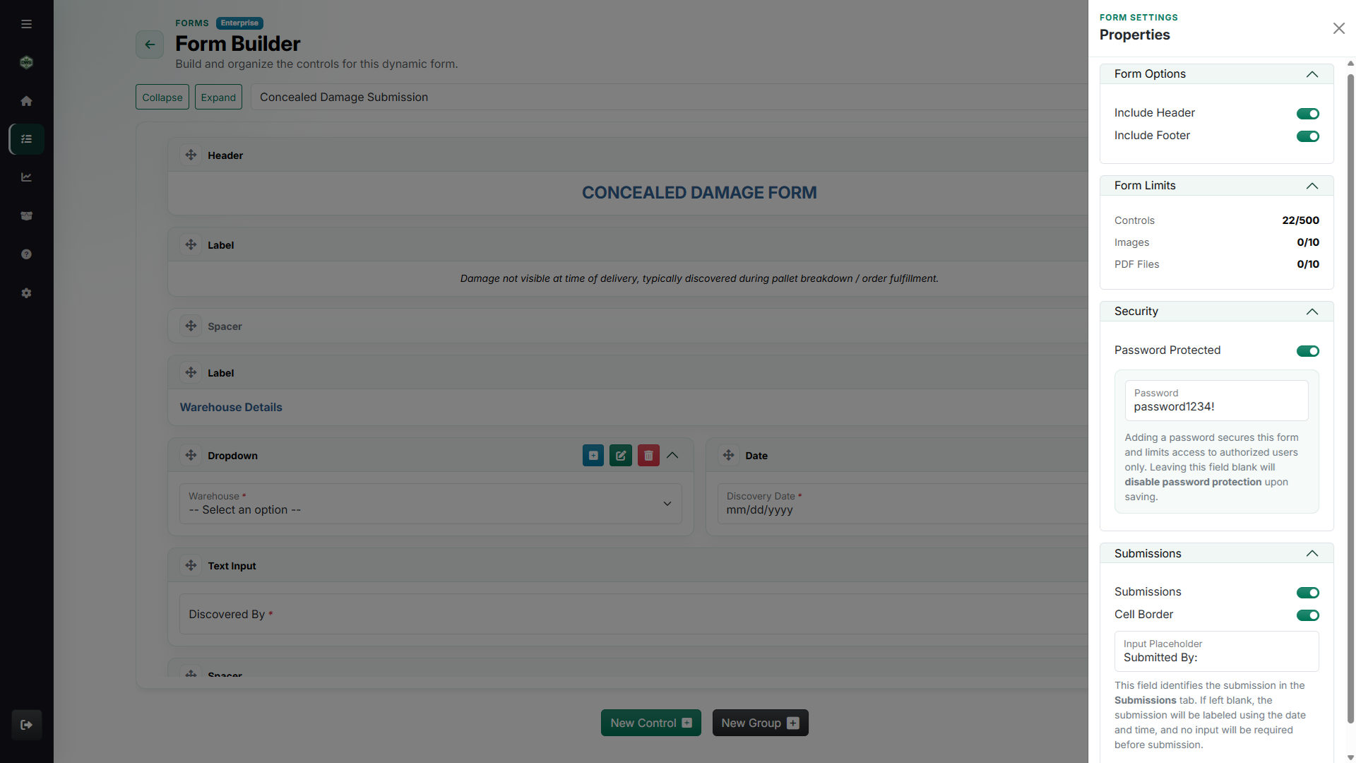 Forms builder with form properties side panel showing options, limits, security, and submission settings