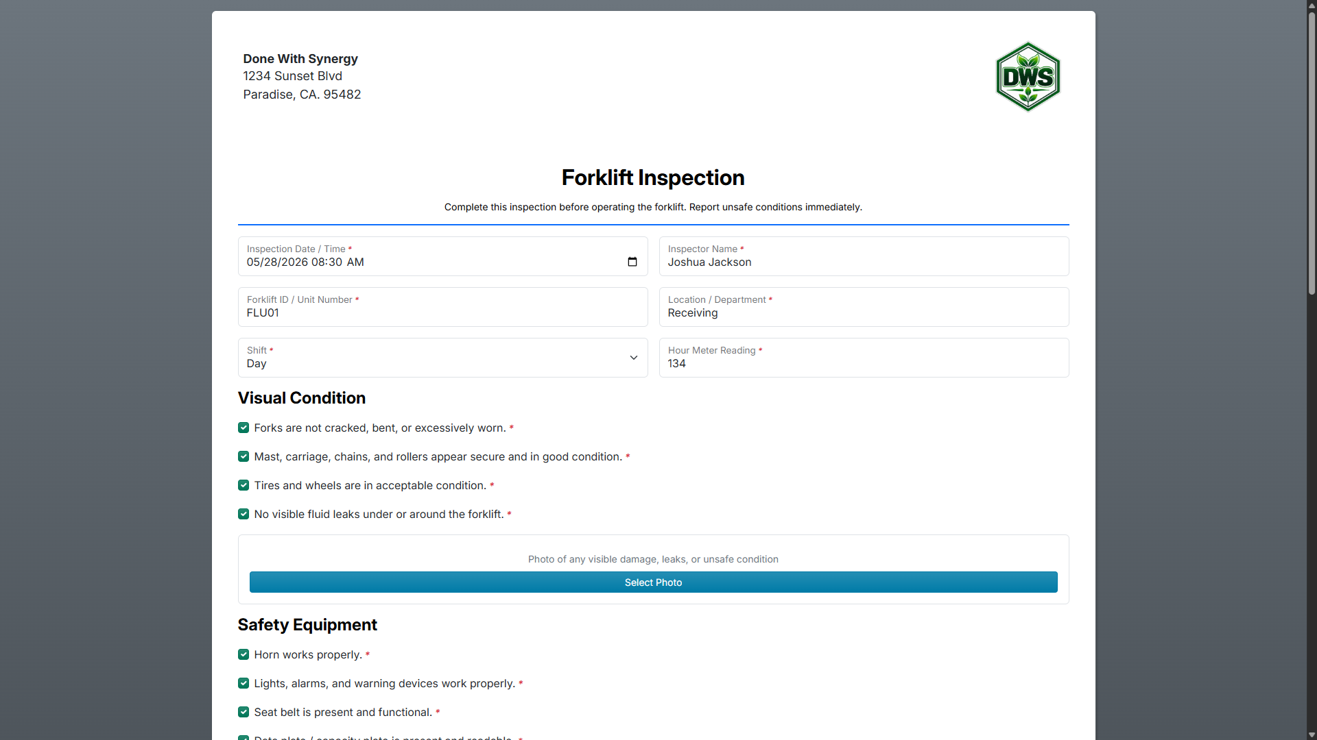 Public forklift inspection form created with the Forms module