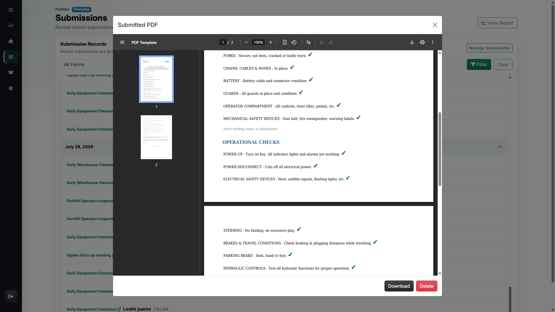 Submitted forklift inspection PDF example without bordered cells