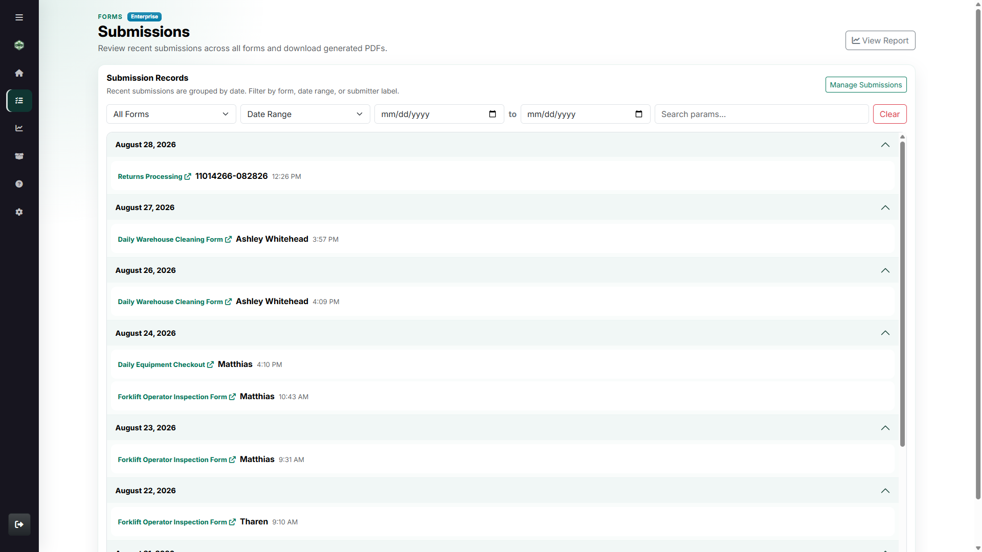 Forms submissions overview grouped by date