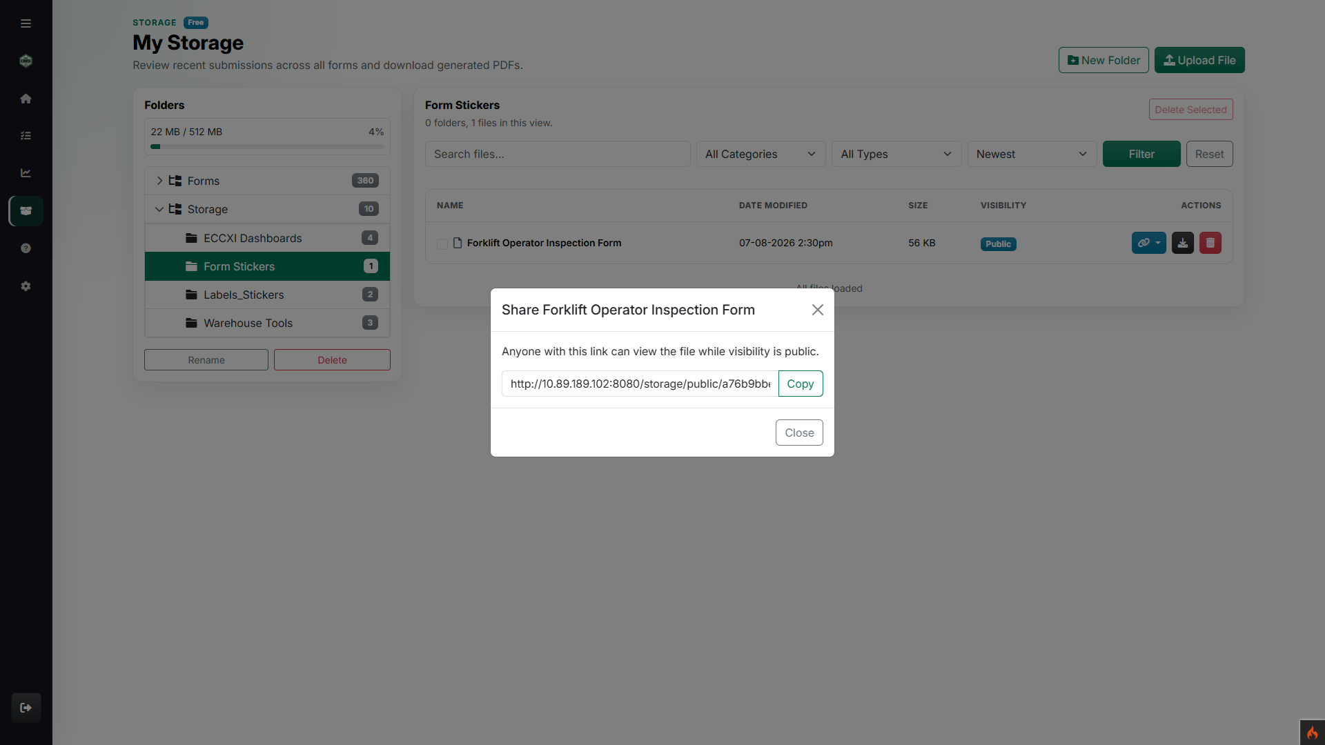 Storage module share link modal for a public file