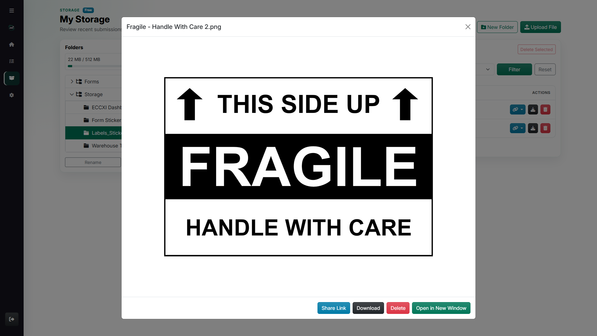 Storage image preview modal showing a fragile handle with care label