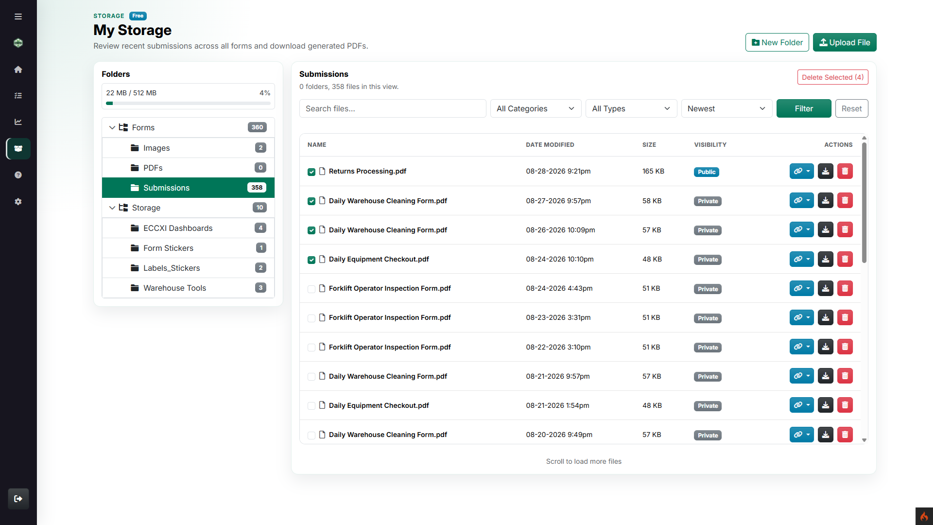 Storage product screen