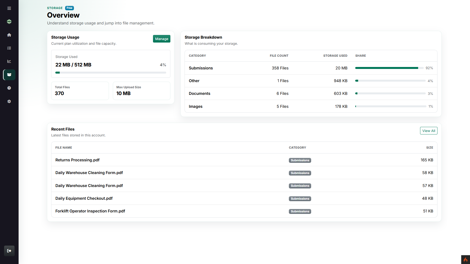 Storage module overview showing usage, category breakdown, and recent files